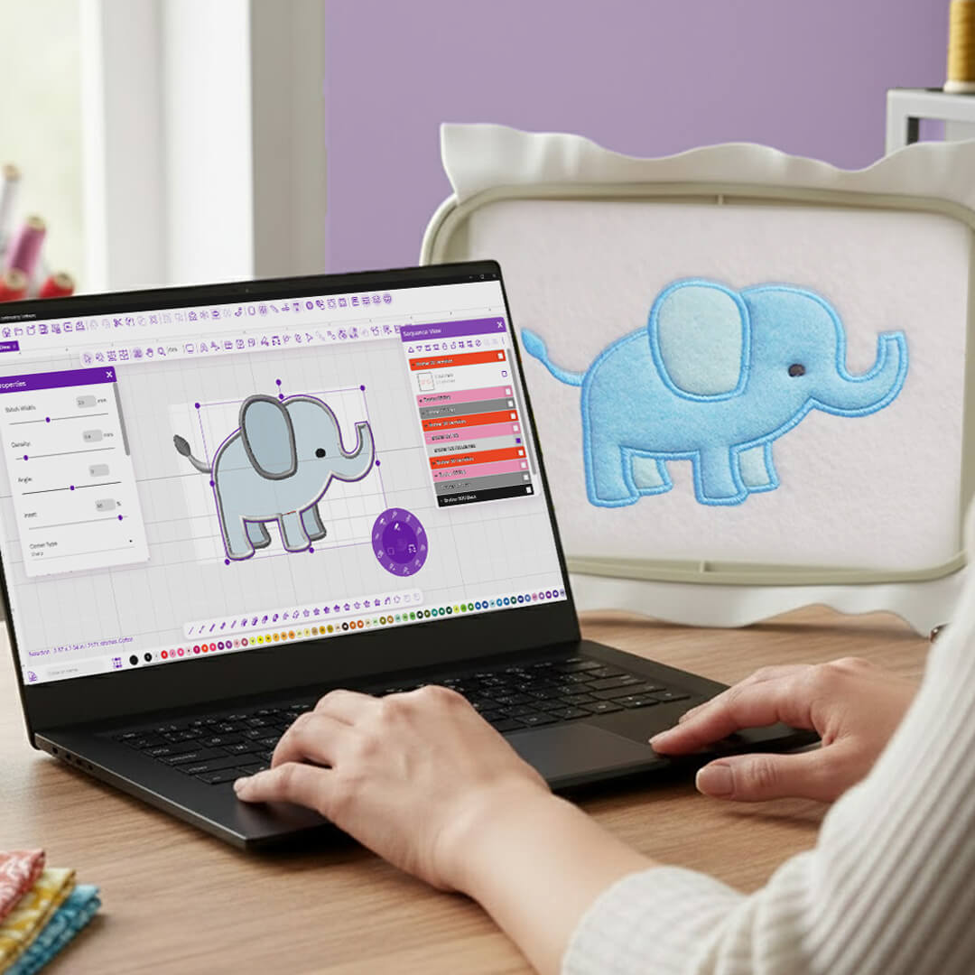 Appliqué embroidery design created in digitizing software shown alongside the finished appliqué elephant in a hoop